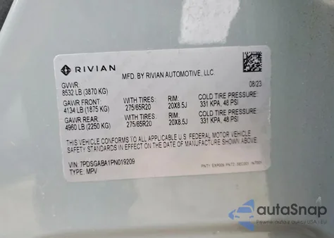 2023 Rivian R1S Adventure z USA, uszkodzony, nr VIN 7PDSGABA1PN019209